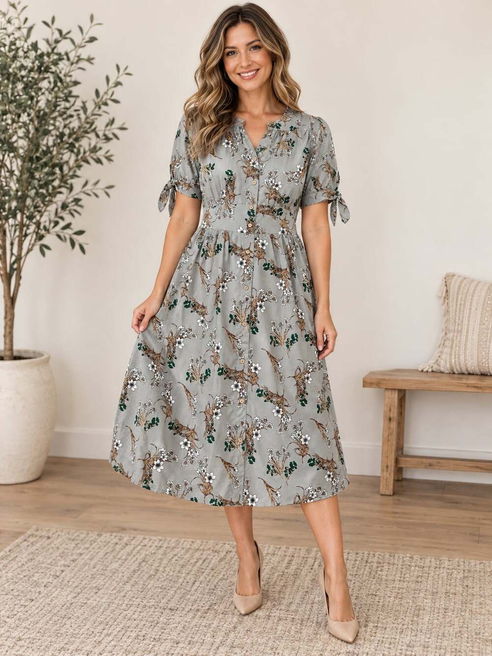 Polagram Floral Midi Dress Blue Gray V Neck Button Front Tie Sleeve Lined Size M